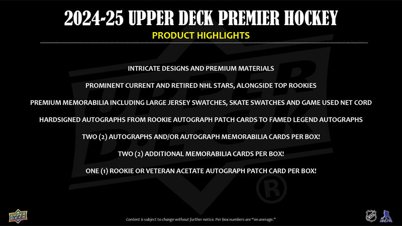2024/25 Upper Deck Premier Hockey Hobby Box *CALL FOR PRICE*