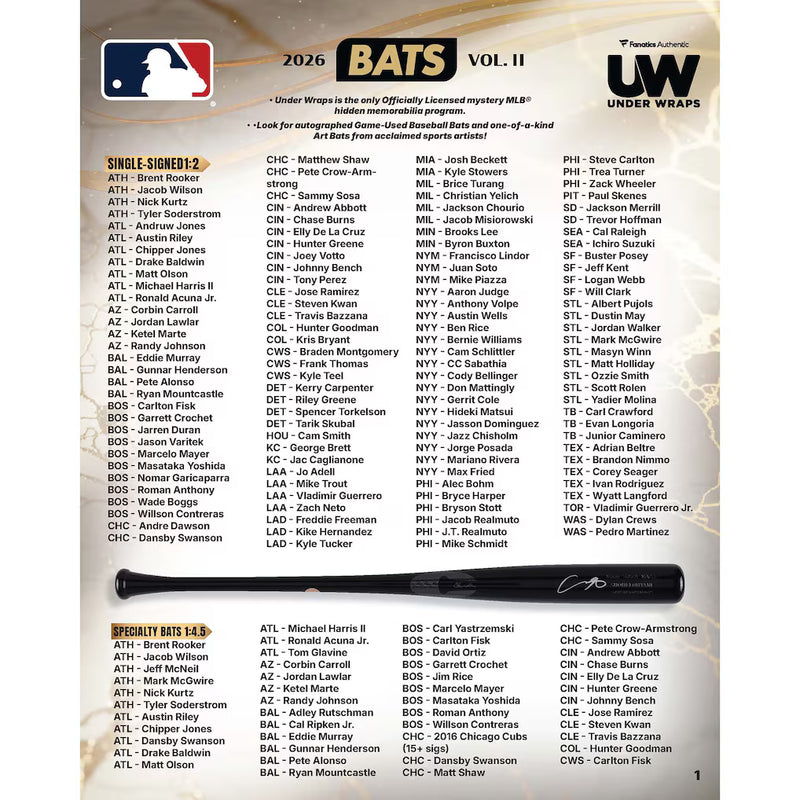 2026 Under Wraps Autographed MLB Bats Vol. II - Single Mystery Box