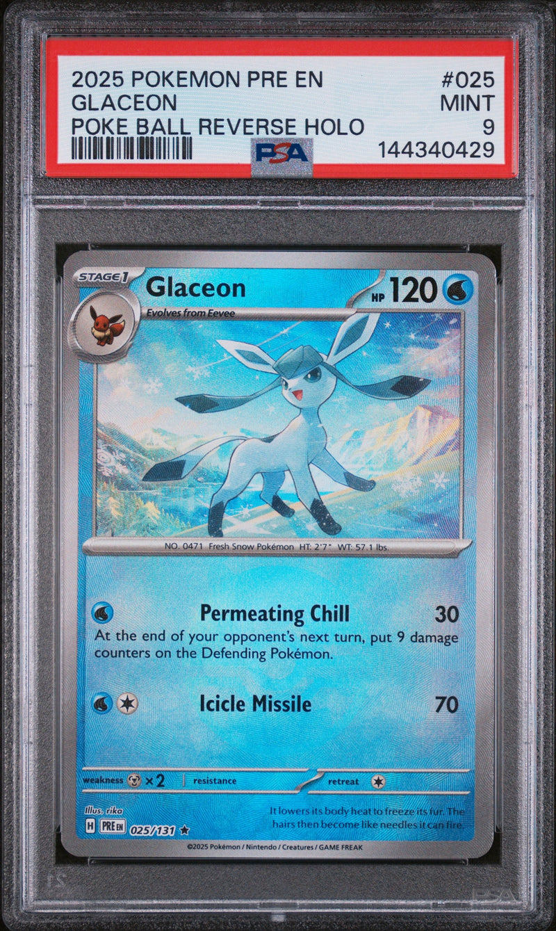 2025 Pokemon Prismatic Evolutions #025 Glaceon Poke Ball Reverse Holo PSA 9