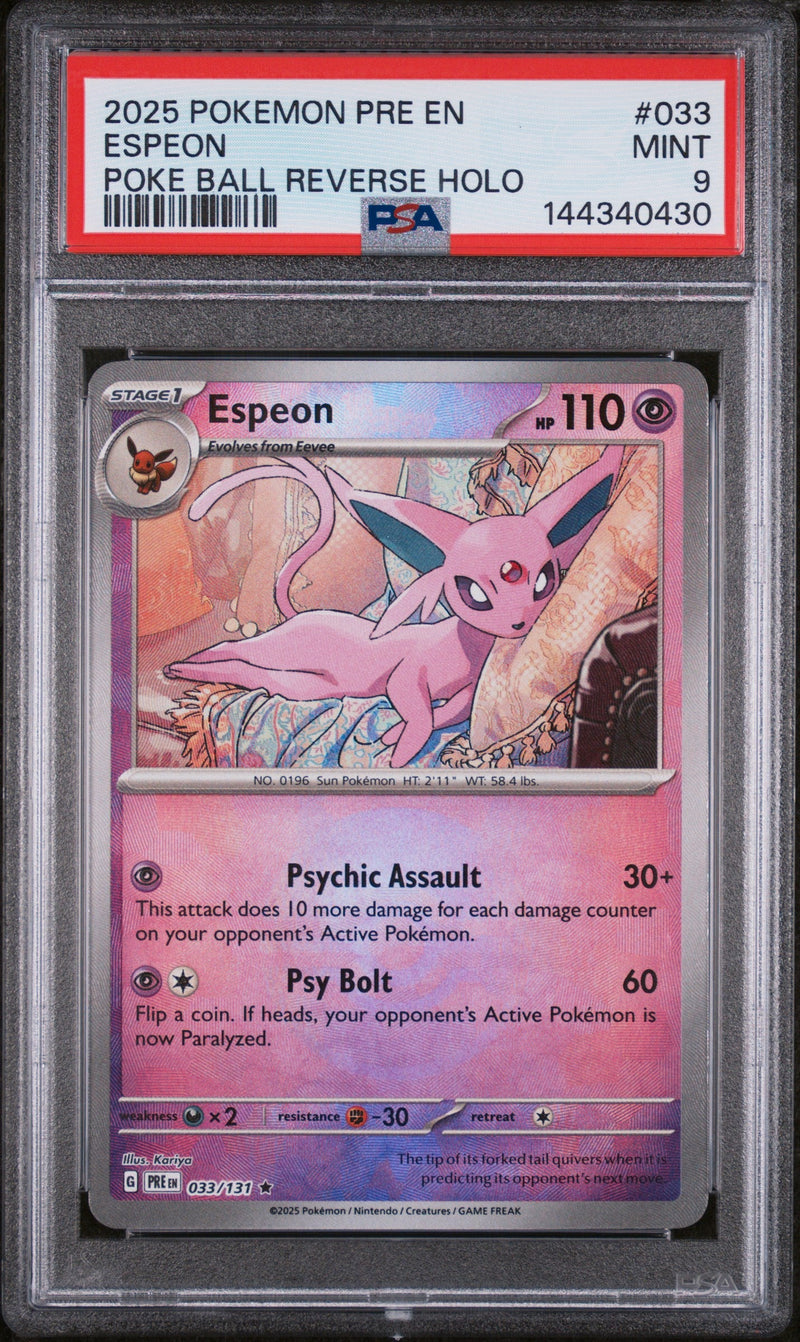 2025 Pokemon Prismatic Evolutions #033 Espeon Poke Ball Reverse Holo PSA 9