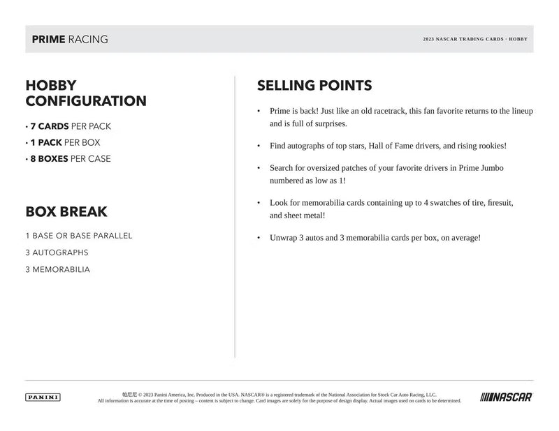 2023 Panini Prime Racing Hobby Box