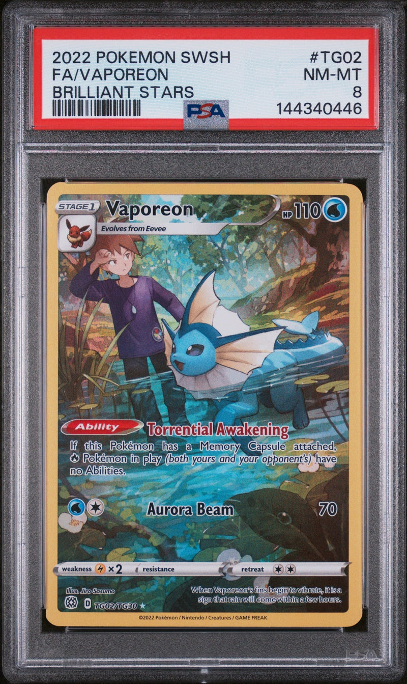 2022 Pokemon Sword & Shield Brilliant Stars Vaporeon #TG02/TG30 Full Art PSA 8 NM-MT