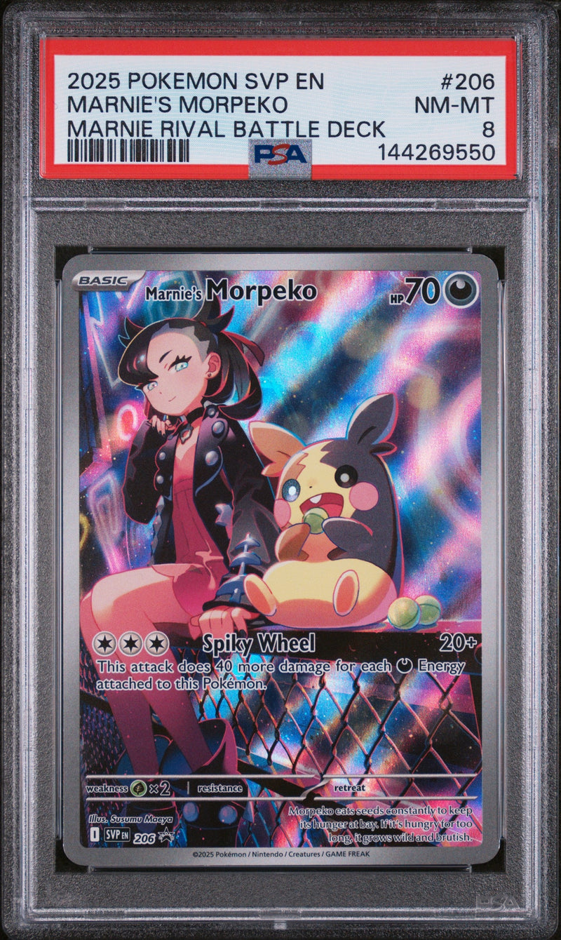 2025 Pokémon SVP EN Black Star Promo Marnie's Morpeko #206 Marnie Rival Battle Deck PSA 8